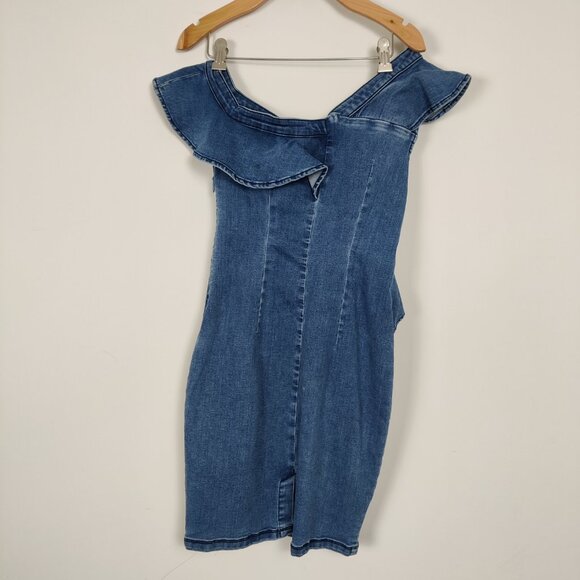 Bebe Women's Dress Size 4 Denim Blue Asymmetrical Mini Bodycon Ruffled Summer - Picture 2 of 8